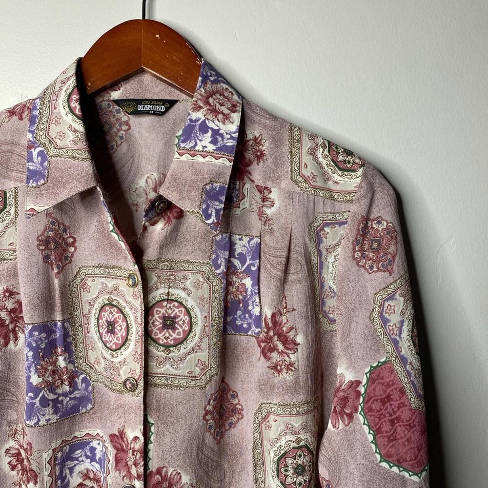 Vintage Pink and purple floral print 3/4 sleeve button up shirt size medium